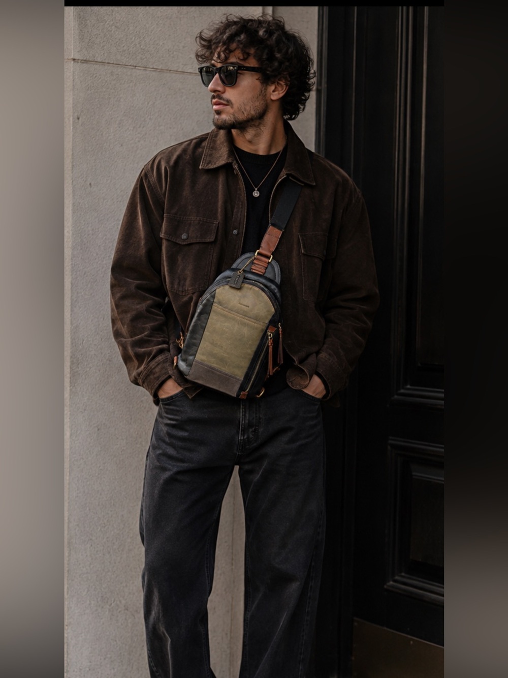 Coach Bleecker Leather Colorblock Convertible Sling Pack featuring a brown leath